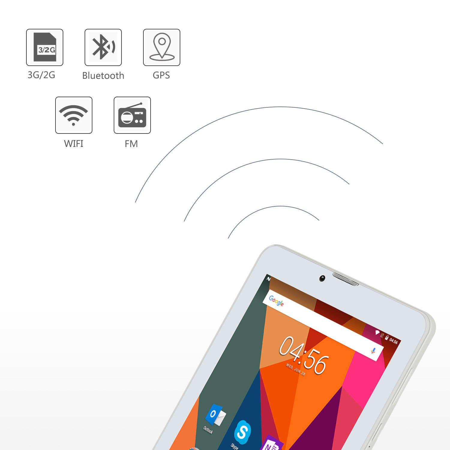Pro fehér tablet csatlakozásai wi-fi, bluetooth, GPS, FM rádió, 3G SIM kártya adatkapcsolat